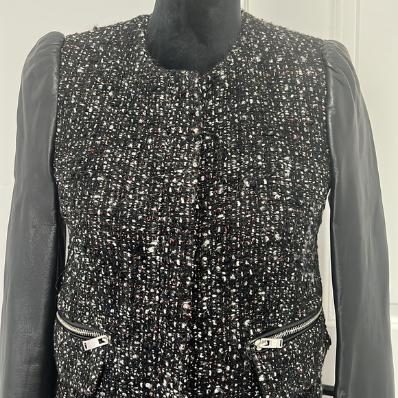 Zara Woman Bouclé Black Leather Sleeved Fully lined Coat Jacket - Size X-Small - Picture 4 of 12